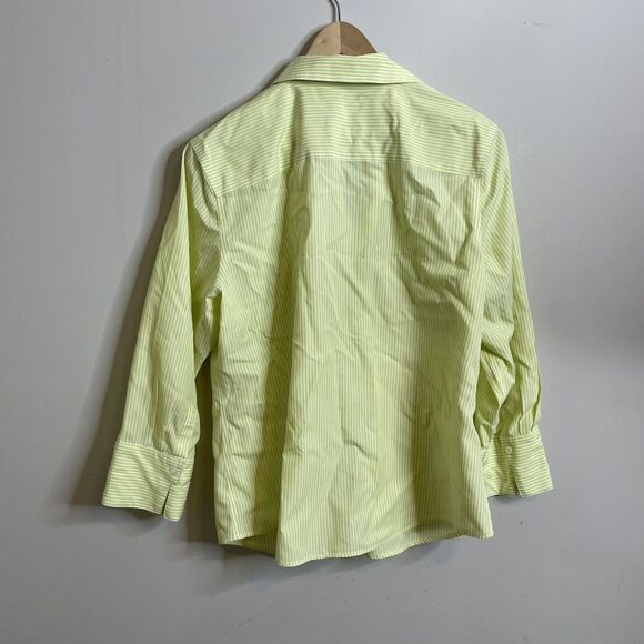 Chicos Women’s Sz 2 Large Lime Green White Stripe Button Down Blouse No Iron - Picture 5 of 5